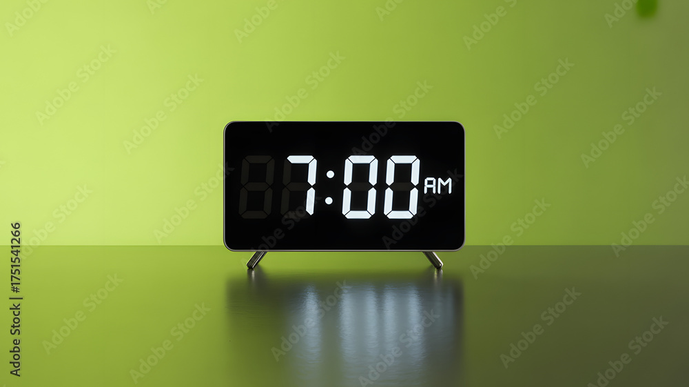 Digital alarm clock showing seven AM on a reflective surface for time ...