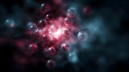 Wall Mural - Luminous translucent spheres with glowing cores suspended in a vibrant abstract cosmic nebula of pink and blue energy