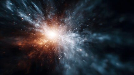 Wall Mural - Vibrant cosmic explosion with bright central light radiating energy through swirling nebulae and particles in deep space