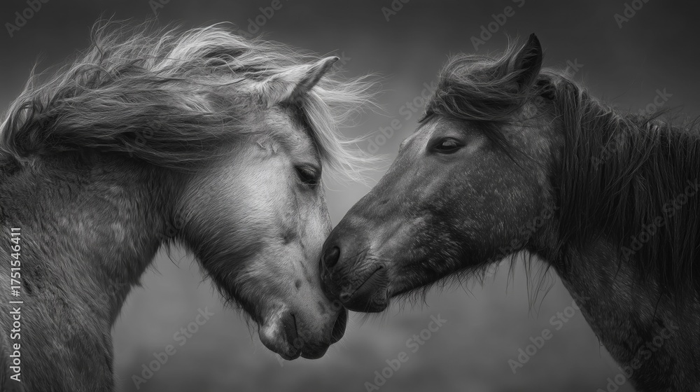 Black and white artistic portrait of two horses nuzzling closely ...