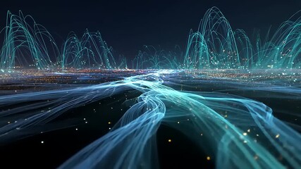 Wall Mural - Abstract visualization of flowing light trails over a cityscape at night, creating a dynamic atmosphere