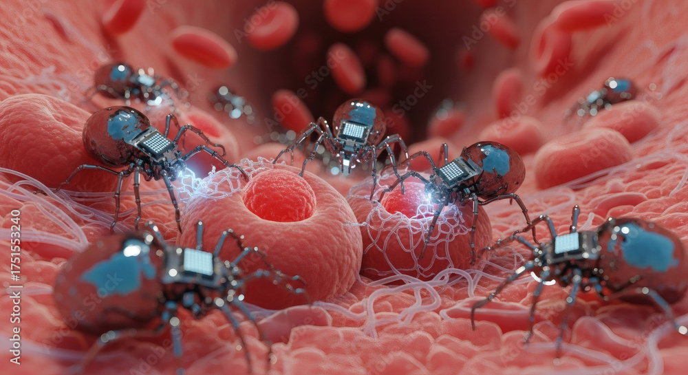 Robtic Blood Color Microscopic robots interacting with red blood cells inside a blood ...