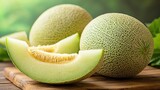 Two green melons on a wooden table with a blurred green background.