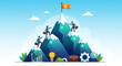 © Well - Business team climbing to the top of the mountain to achieve success, goal, and financial freedom, with a flag on the top