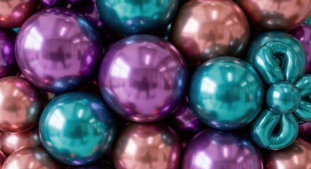 Vibrant teal purple pink shiny spheres and a bow embellishment close-up macro shot