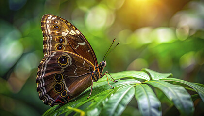 Wall Mural - Brown butterfly resting on green tropical leaf with sunlight and bokeh background, showing detailed wing patterns and natural textures in calm outdoor setting
