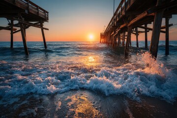 Wall Mural - Ocean waves crash beneath a pier as the sun sets on the horizon. Use this image to convey peace, vacations, or relaxation themes.