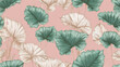 © Katerina - Alocasia gageana rendered with feathery foliage in mint green and warm beige linework — a seamless botanical design on a muted pink background, blending tropical charm with gentle pastel elegance