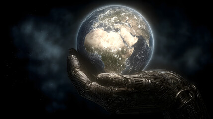 Wall Mural - A futuristic concept of artificial intelligence controlling planet Earth with a robotic hand and cosmic backdrop symbolizing global technological influence and advanced AI power

