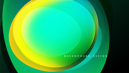 Poster - Abstract vibrant layers create flowing circular design. Green, yellow hues blend against dark backdrop. Modern aesthetic.