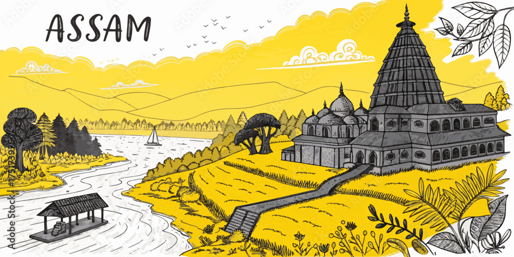 Hand Drawn Sketch of Assam with Kamakhya Temple, Kaziranga Rhino, Tea ...