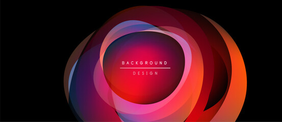 Wall Mural - Abstract layers create vibrant circular design. Colors blend, forming dynamic visual impact against black backdrop. Modern, stylish presentation.