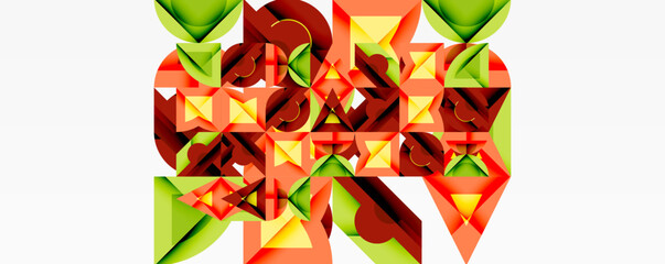 Wall Mural - Abstract geometric shapes overlap, creating vibrant composition. Red, green, orange hues dominate design. Modern, dynamic visual.