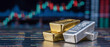 © tl6781 - Stacked gold and silver bullion bars placed on financial charts with a blurred stock market graph in the background symbolize wealth, investment, and economic strategy