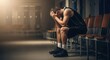 © photoplotnikov - Young caucasian male basketball player sitting in locker room reflecting
