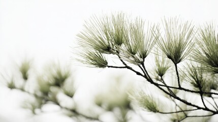Wall Mural - Elegant Pine Branch Against Soft White Background Displaying Delicate Green Needles in Sharp Focus