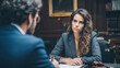 © valeo5 - A serious female lawyer or client listens intently during a legal consultation or business meeting. Image conveys professionalism, litigation, contracts, and focused discussion.