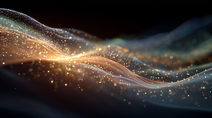 Wall Mural - Ethereal Light Flow: This image showcases a mesmerizing abstract design of flowing light and particles, with a gradient of golden and blue hues dancing across a dark background.