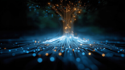 Wall Mural - Digital Ecosystem: A captivating digital illustration of a glowing tree, crafted from interconnected circuits and data streams, represents the intricate beauty and complexity of the digital world.