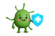 © praewpailyn - 3d medical illustration of cute green germ character holding blue shield with white cross symbol, representing health protection and immunity in friendly style