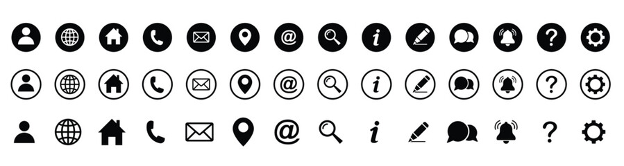 address, contact, website, phone, illustration, icon, home, globe, web, vector, communication, chat, business, computer, flat, set, mail, isolated, symbol, black, clock, design, connection, cyberspace