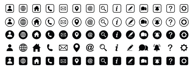 address, contact, website, phone, illustration, icon, home, globe, web, vector, communication, chat, business, computer, flat, set, mail, isolated, symbol, black, clock, design, connection, cyberspace
