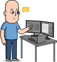 Developer pointing at programming code displayed on dual monitors with a coding tag above