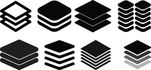 Layers icon. Layer line and flat icon set. Layer sign. Layout icon..Layers icon. Layer line and flat icon set. Layer stack illustration. Two, three four and five layers. Layer tier diagram icon. 