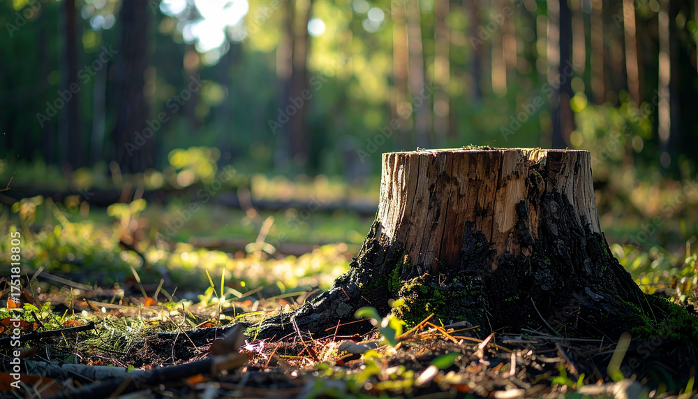 Old tree stump in forest clearing. Deforestation and environmental ...