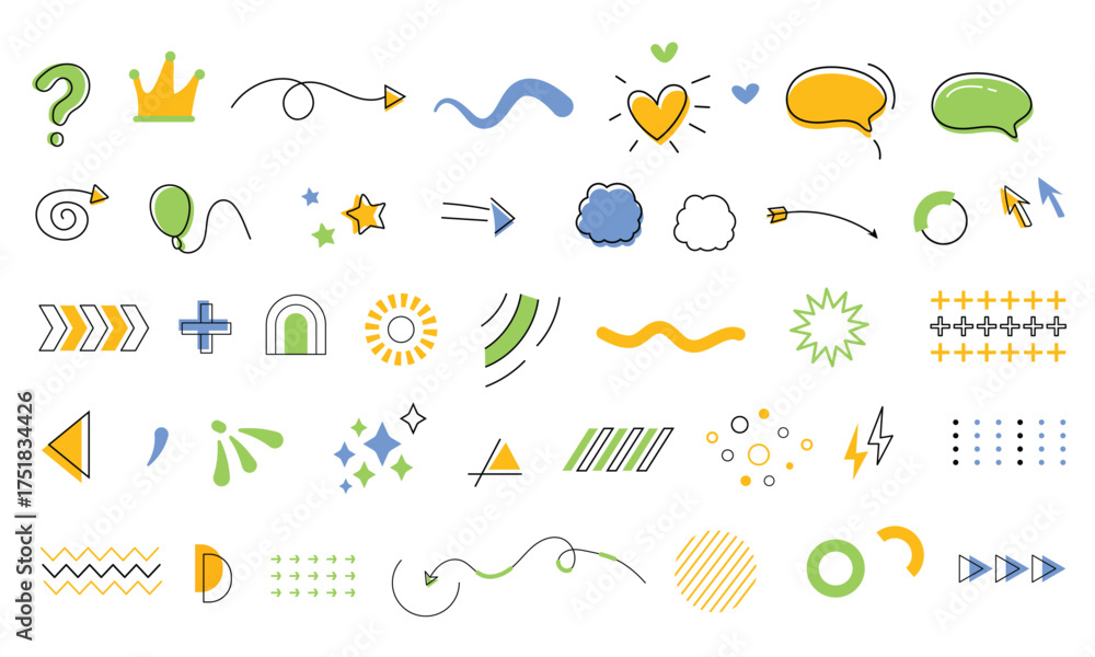 Hand drawn doodle elements pack in colorful style. Memphis design ...