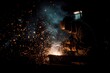 © Dina - Welder at his job, sparks flying in dark workshop, cinematic detail, wearing protective gear. Industry work safety concept. Manual labor profession market.