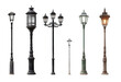 © POV Studio - Vintage street lamps in various styles.  Different sizes and designs, some with ornate details.  Isolated on black background