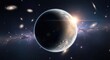 © Designbd25 - A breathtaking view of a planet with a bright sun rising over the horizon, surrounded by distant galaxies and nebulae, creating a sense of wonder and cosmic beauty