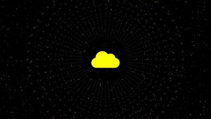 Wall Mural - Animated yellow cloud icon on a black background with glowing dots, representing cloud computing, data storage, and digital connectivity in a dynamic, abstract design