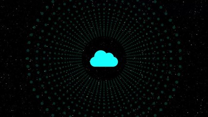 Wall Mural - Animated cyan cloud icon on a black background with glowing dots, representing cloud computing, data storage, and digital connectivity in a dynamic, abstract design