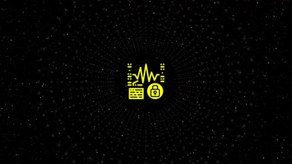 Wall Mural - Glowing yellow icon of a server with a lock and a waveform inside a circle against a dark background with radiating light particles and twinkling stars