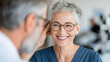 © kora studio - smiling woman with short hair is having her eyes checked by optometrist. scene conveys sense of care and professionalism in modern clinic setting