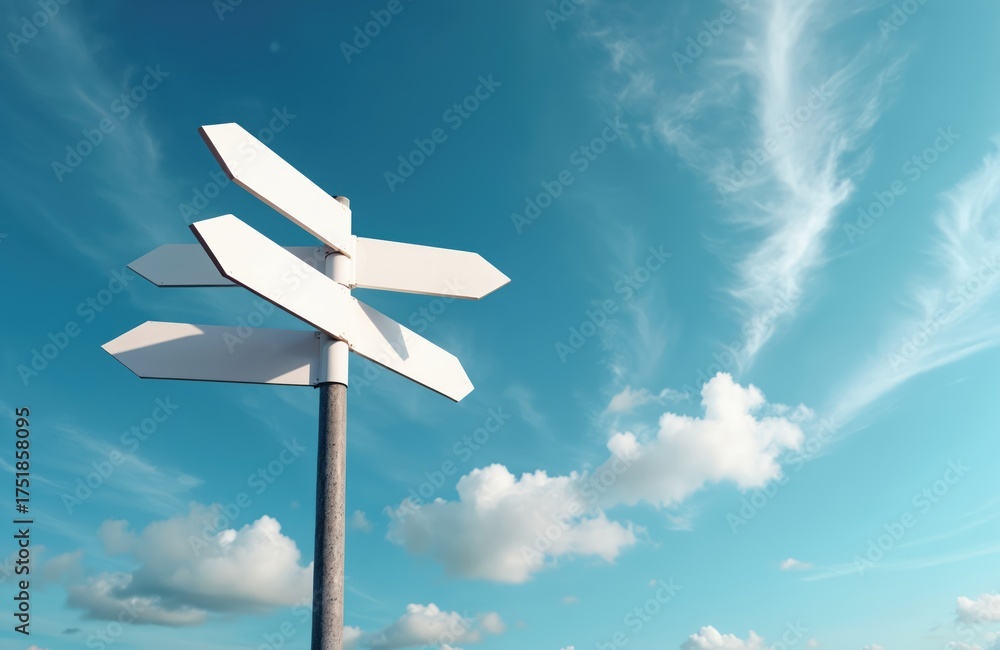 A directional signpost with blank arrows against vibrant blue sky with ...