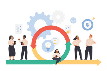 Wall Mural - Agile scrum methodology, flexible business process, life cycle for software development. Tiny people work, testing digital project at rotation cyclic progress arrow cartoon vector illustration