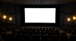 © Abimusa Gallery - Empty movie theater with rows of dark seats facing a large, bright white screen, ready for a film to begin.