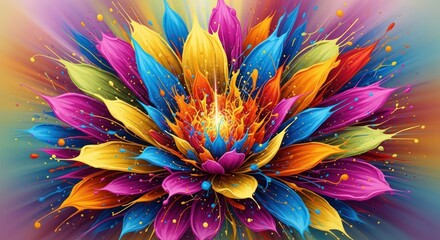 A vibrant, colorful, abstract flower with splashes of rainbow colors, set against a gradient background.