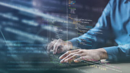 software, development, programmer, developer, A software developer typing on a laptop with code overlays, symbolizing programming, web development, and modern technology innovation.