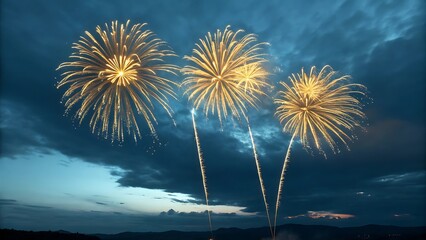 Three Golden Fireworks Exploding Against a Dramatic Twilight Sky