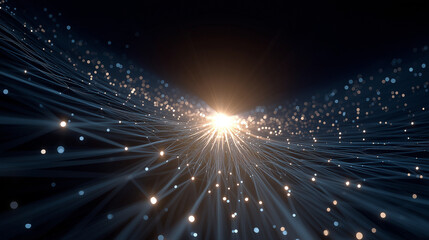 Wall Mural - Digital light Stream: An abstract representation of digital light streams creating a breathtaking network of illuminated lines, particles, and a radiant glow, against a dark background.
