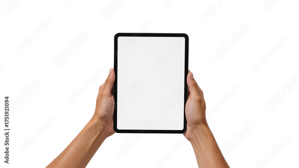 Man's hands holding a vertical tablet with a blank white screen for ...