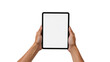 © PrismPNG - Man's hands holding a vertical tablet with a blank white screen for mockup. Isolated on transparent background, png