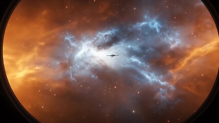Wall Mural - Realistic Space Background with Orange and Blue Nebula and Distant Spaceship