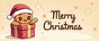 © Prasitama - Cute gingerbread man wearing a santa hat popping out of a gift box with merry christmas text and stars in the, festive holiday illustration