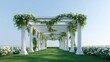 © pinporn manosri - Elegant white pergola adorned with lush greenery and blooming flowers set against a clear blue sky, creating a serene and inviting atmosphere for outdoor events and gatherings.
