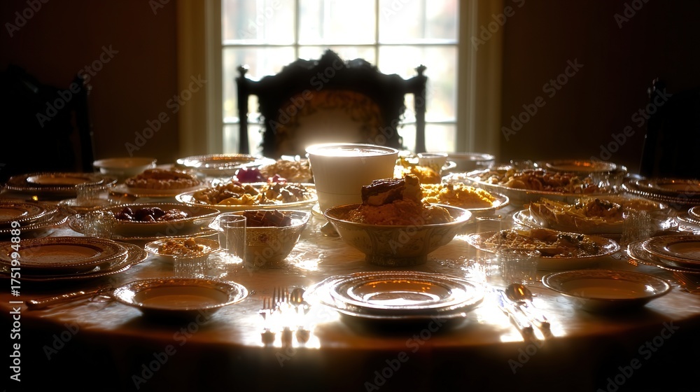 decadence. Lavish dining table with gourmet dishes and a single place ...